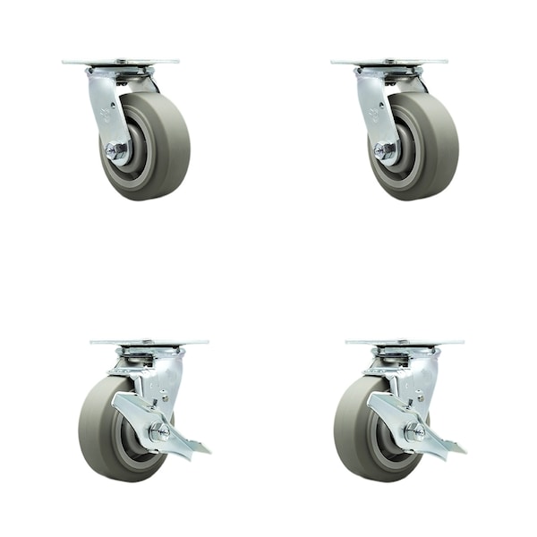 5 Inch Thermoplastic Rubber Swivel Caster Set with Roller Bearings 2 Brakes SCC